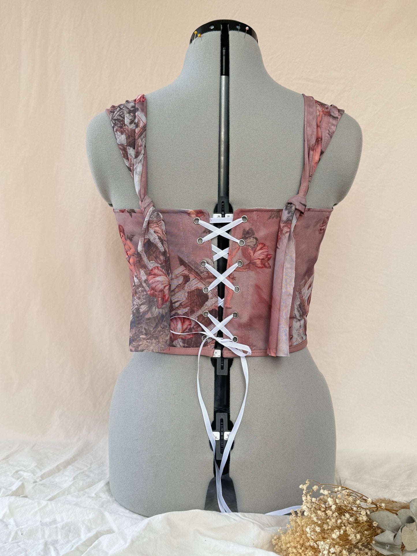 Reworked pink Enchanting Cherub cropped back lacing corset - S
