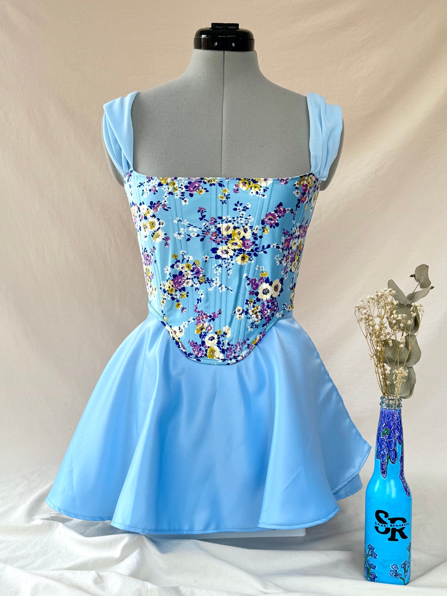 Reworked Blue satin Floral back lacing corset with Mini Ballerina wrap shirt - XS