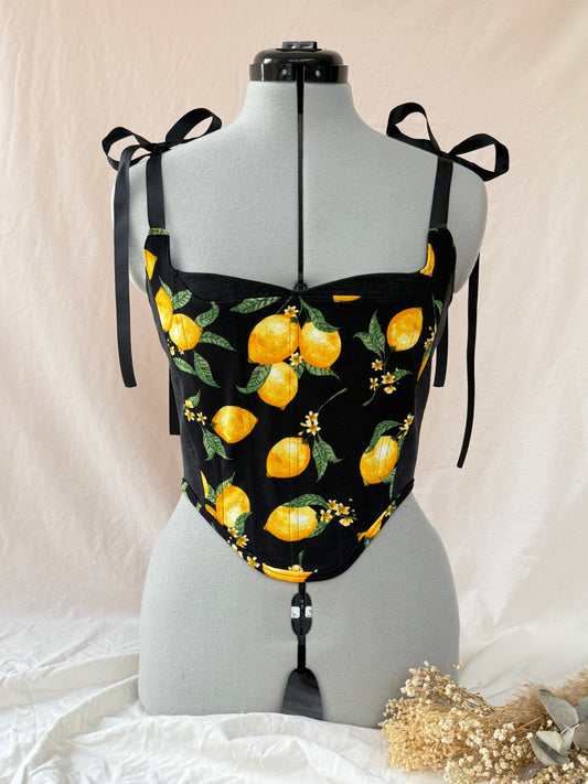 Reworked Lemon and denim cropped back lacing corset - XS-S
