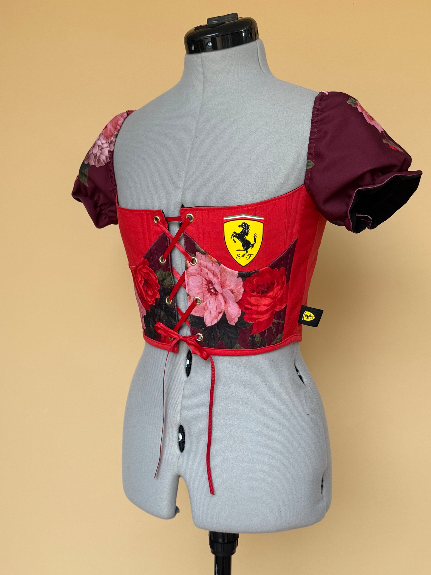 Reworked Ferrari floral front lacing corset with bag - XS