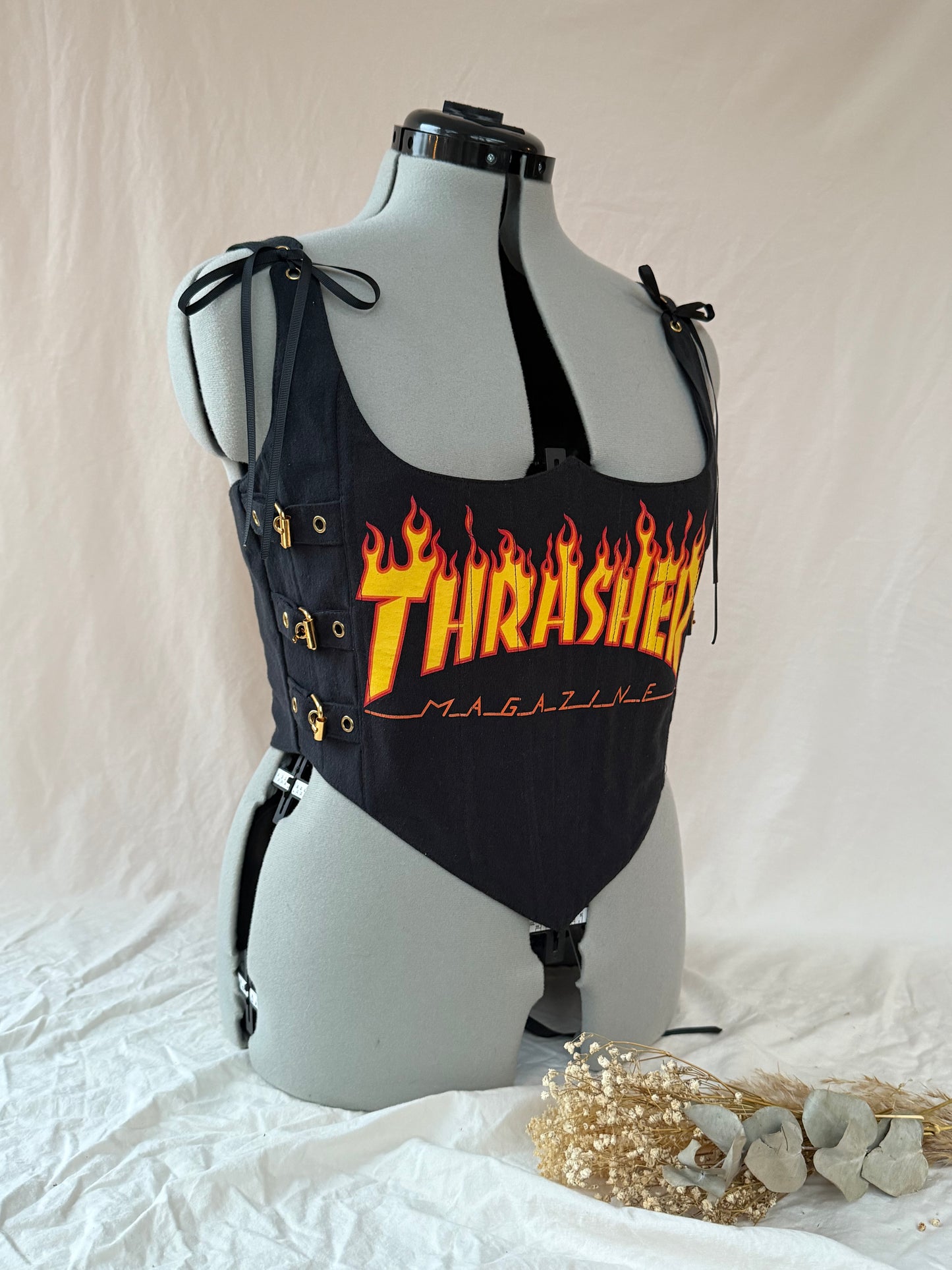 Reworked Black Thrasher cropped back lacing corset - L