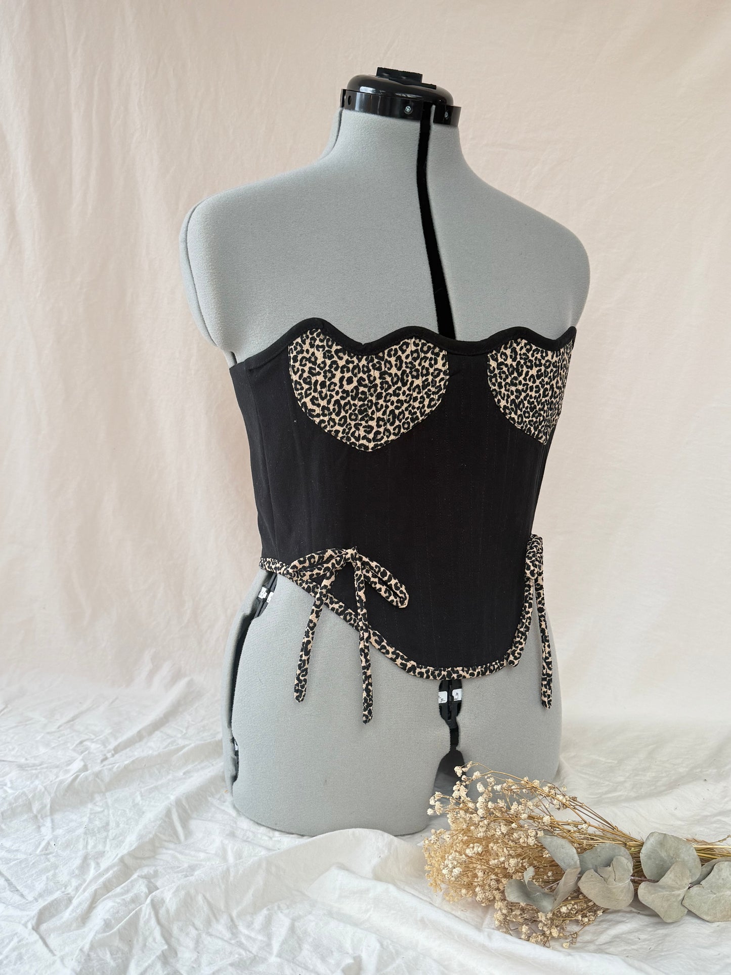 Reworked Black and leopard print hearts cropped back lacing corset -S-M