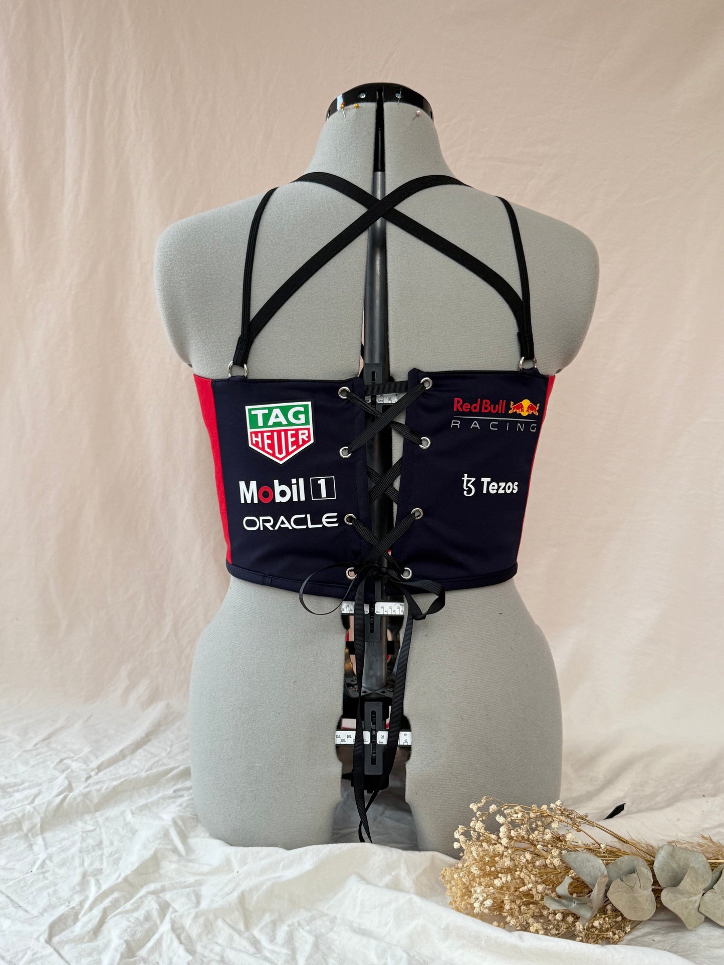 Reworked Red Bull cropped back and front lacing corset set - M