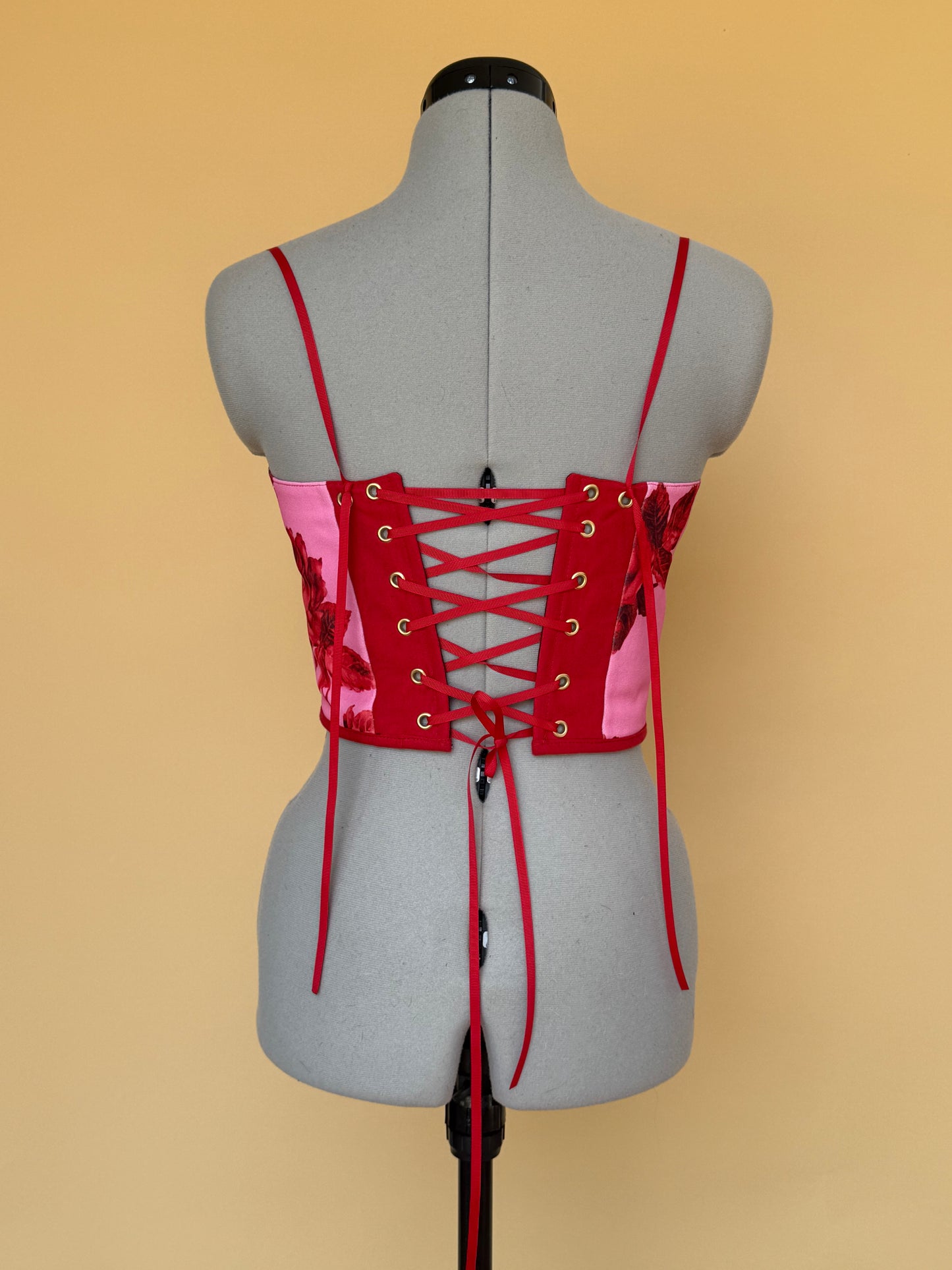 Reworked Ferrari floral ruched back lacing corset - XS