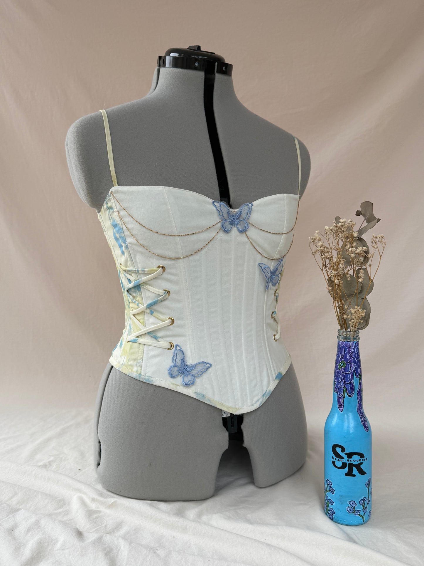 Reworked Yellow Butterfly back lacing corset with additional bag -S