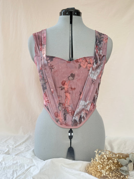 Reworked pink Enchanting Cherub cropped back lacing corset - S