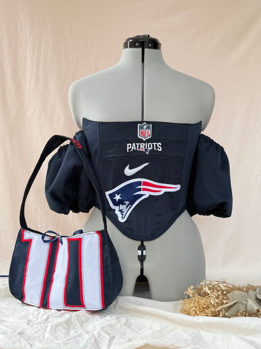 Reworked New England Patriots cropped back lacing corset and matching bag - XS/S