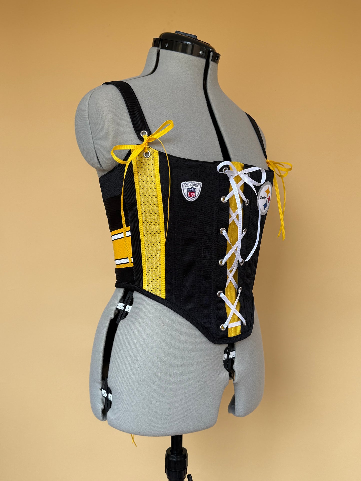 Reworked Pittsburgh Steelers cropped back lacing corset and matching Bag - S