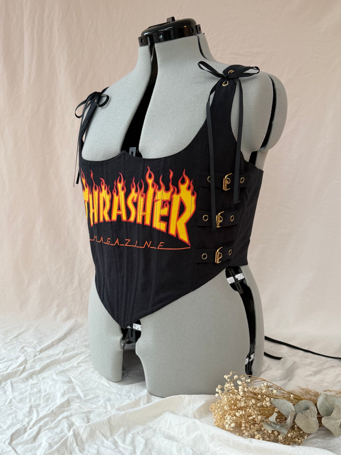 Reworked Black Thrasher cropped back lacing corset - L