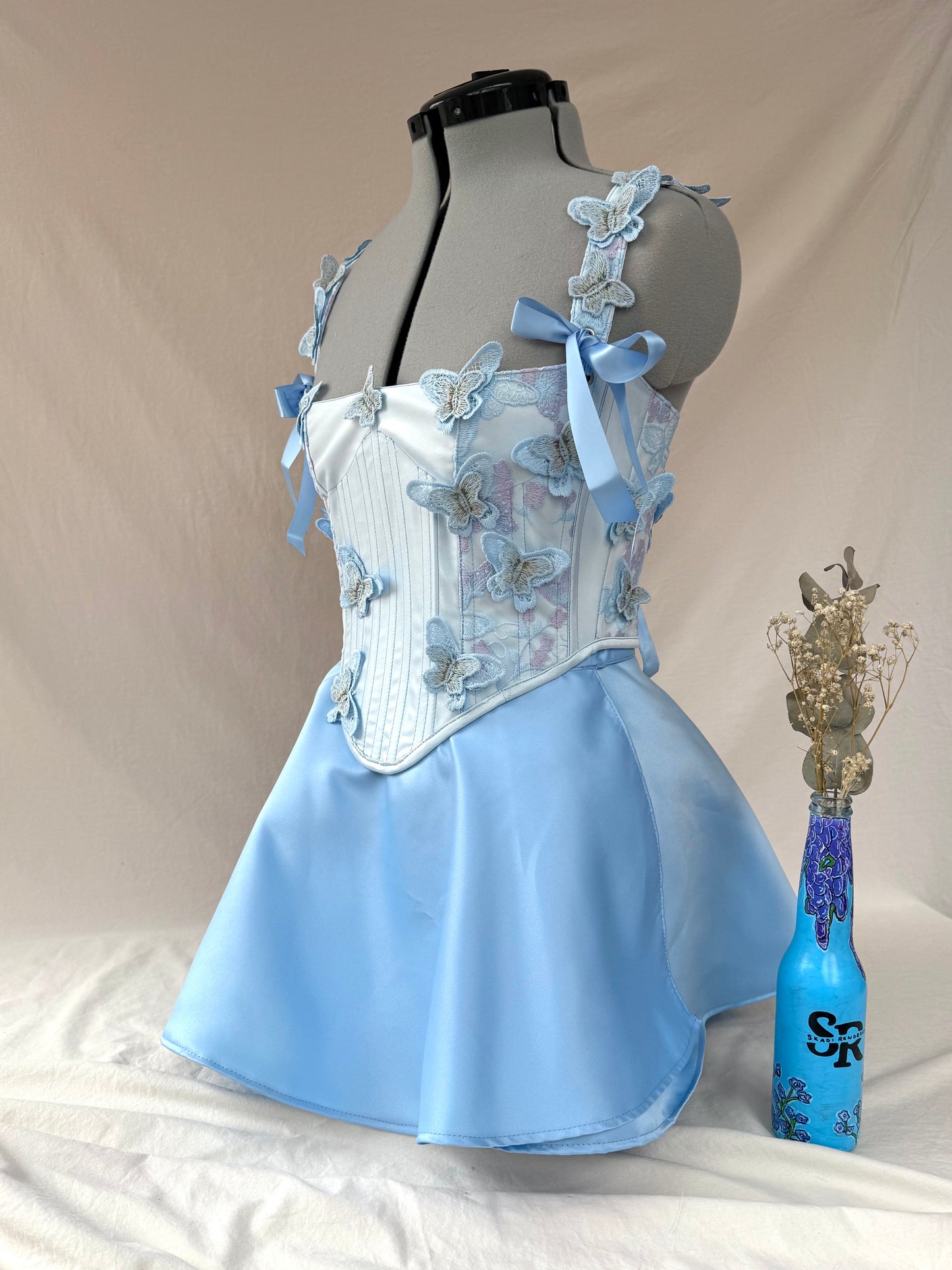 Reworked Blue Butterfly back lacing corset with Mini Ballerina wrap skirt - XS/S