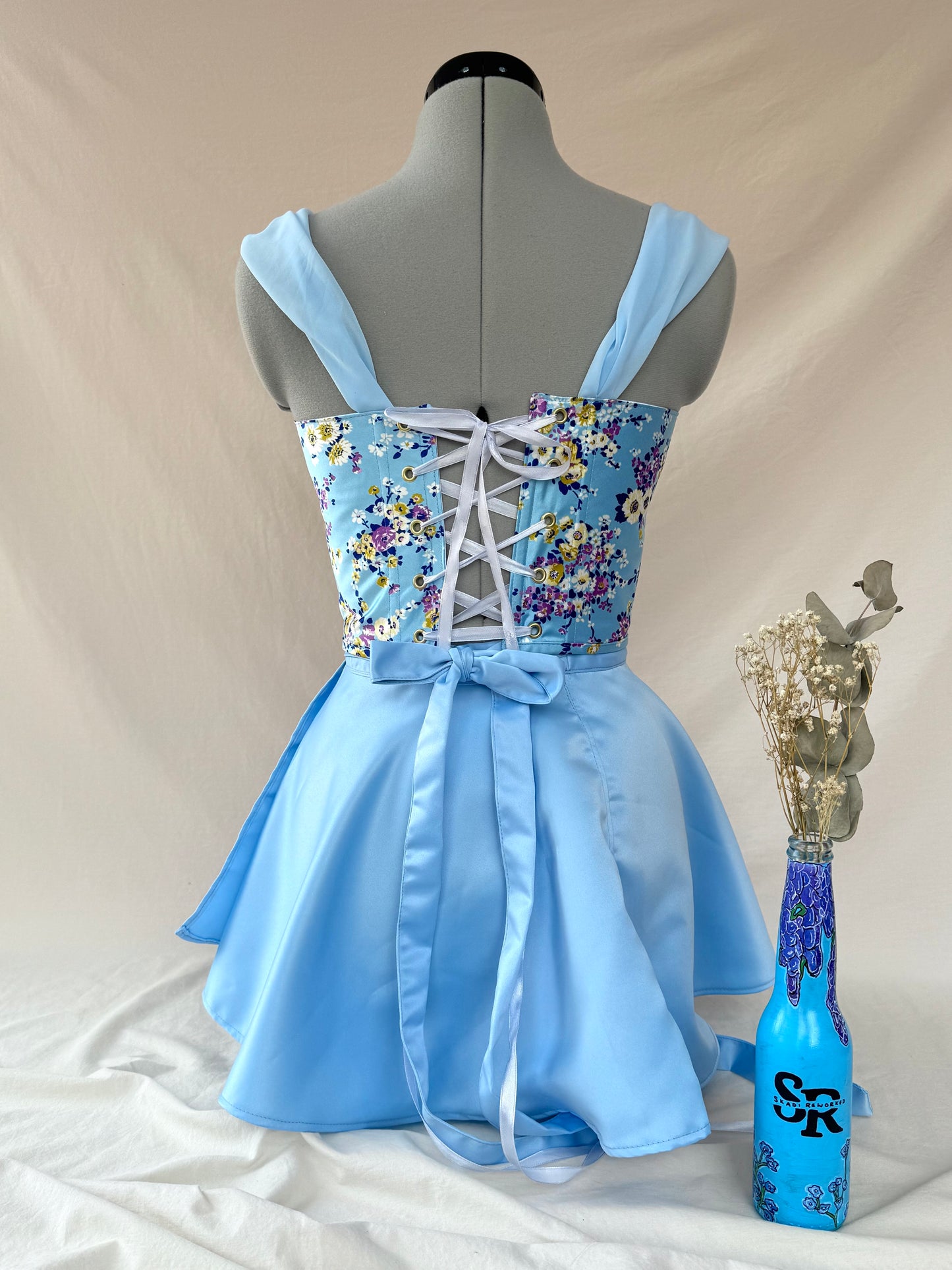 Reworked Blue satin Floral back lacing corset with Mini Ballerina wrap shirt - XS