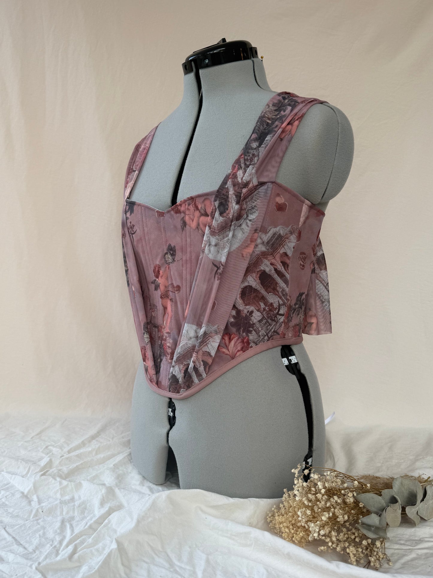 Reworked pink Enchanting Cherub cropped back lacing corset - S