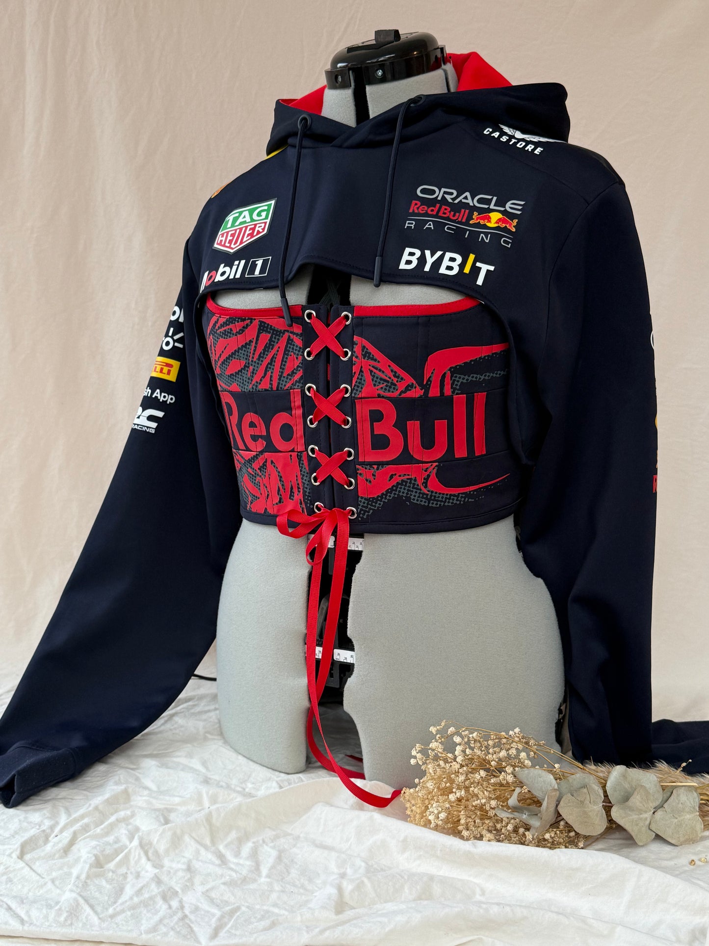 Reworked Red Bull cropped back and front lacing corset set - M