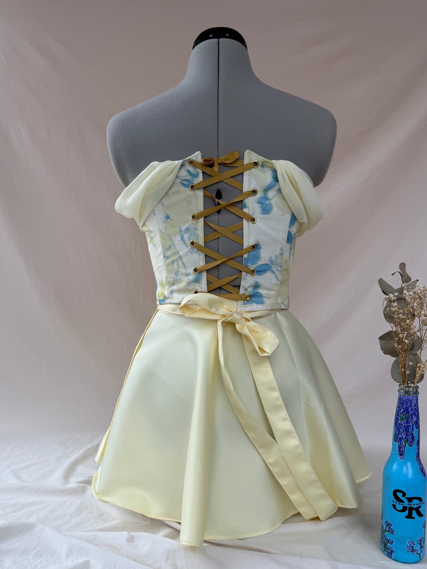 Reworked Lemon Floral back lacing corset with Mini Ballerina wrap skirt - XS