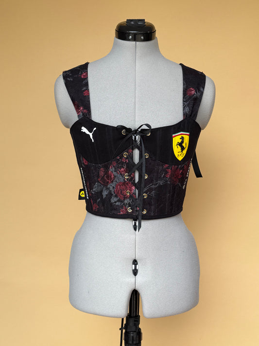 Reworked Ferrari black rose lace cropped front and back lacing corset - XS/S