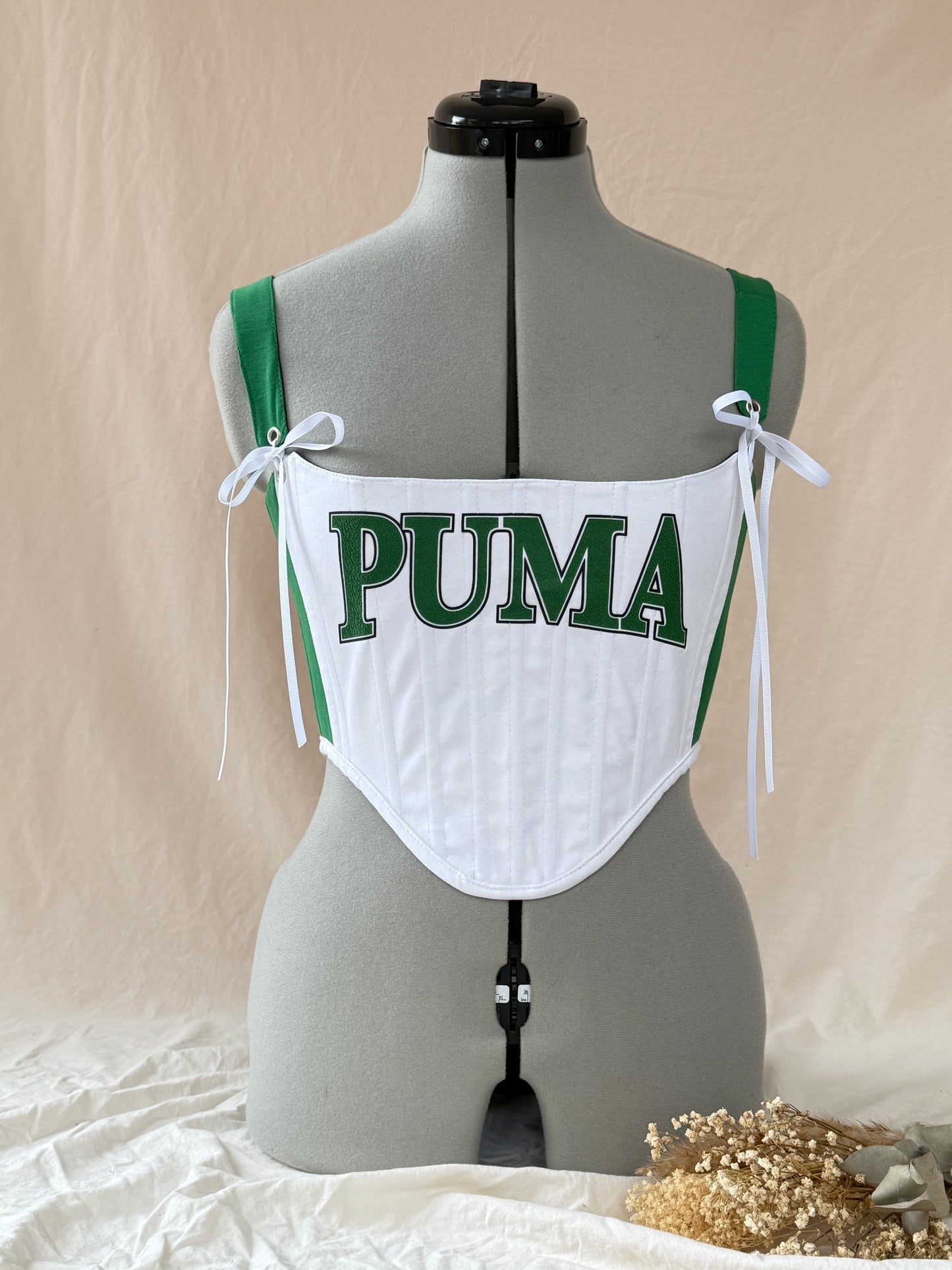 Reworked Green and White Puma cropped back lacing corset - XS/S