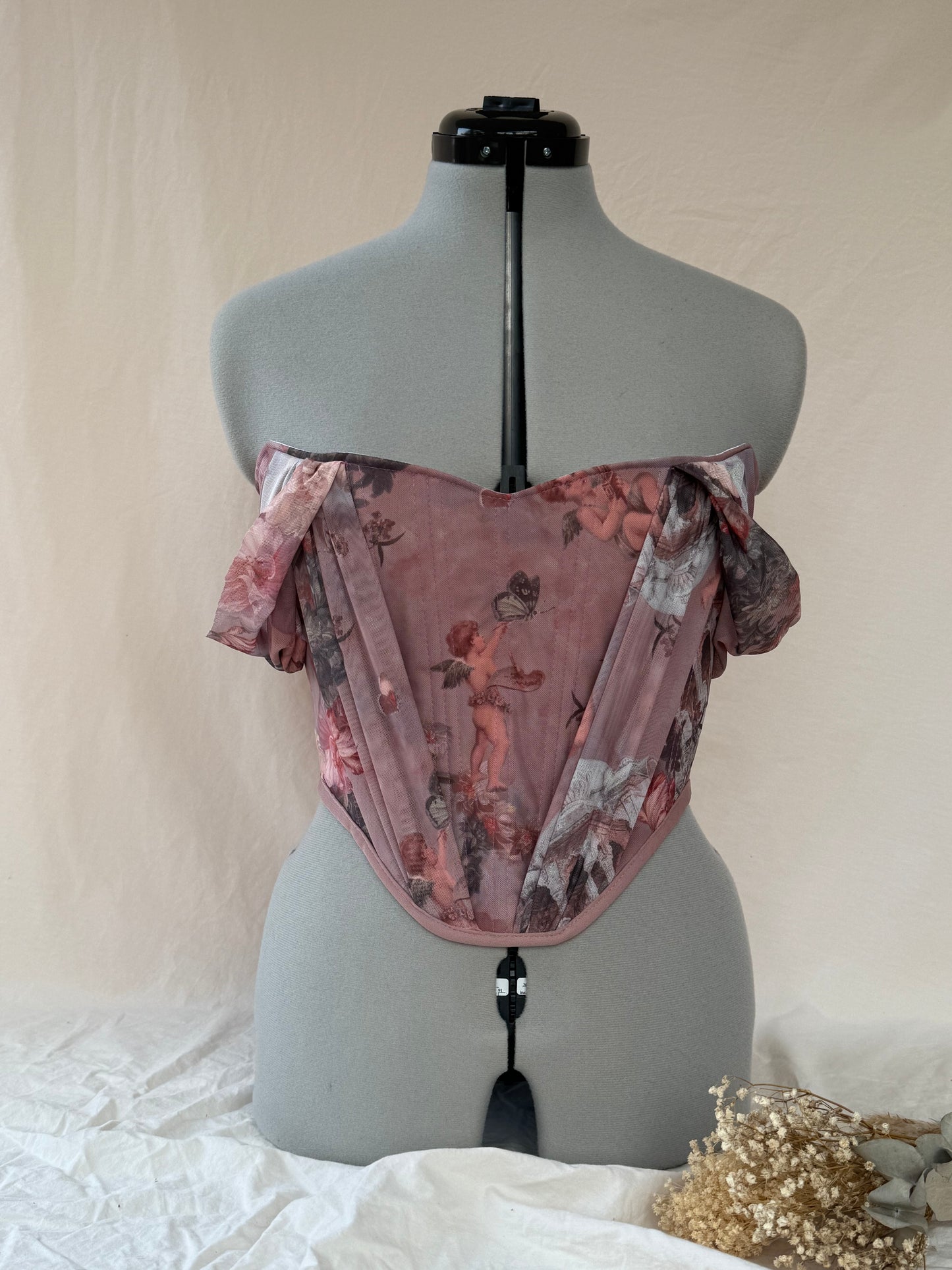 Reworked pink Enchanting Cherub cropped back lacing corset - S