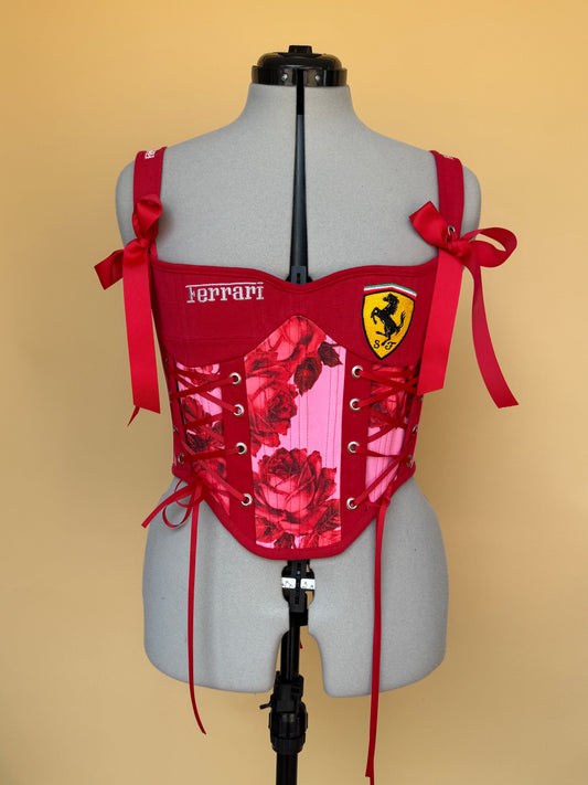 Reworked Ferrari Floral Rose cropped back lacing corset with matching shoulder bag - S/M