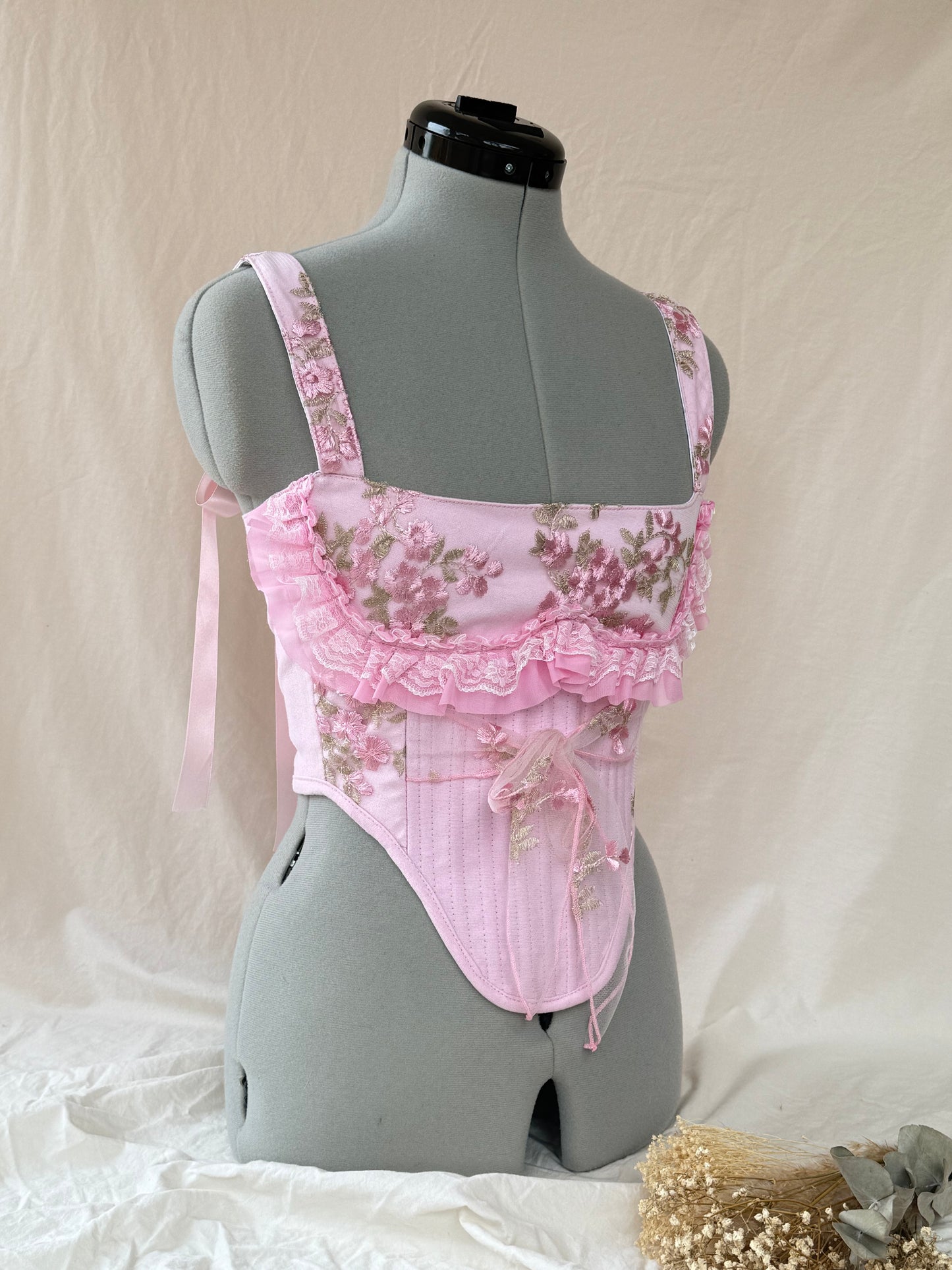 Reworked Delicate pink lace corset with frill - XS