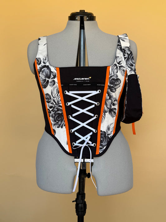 Reworked McLaren Floral Corset in Black and White with Matching Shoulder Bag - M/L