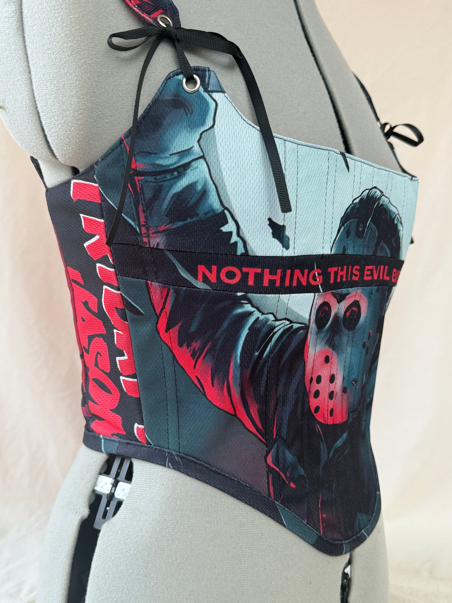 Reworked Jason/Friday the 13th cropped back lacing corset - S