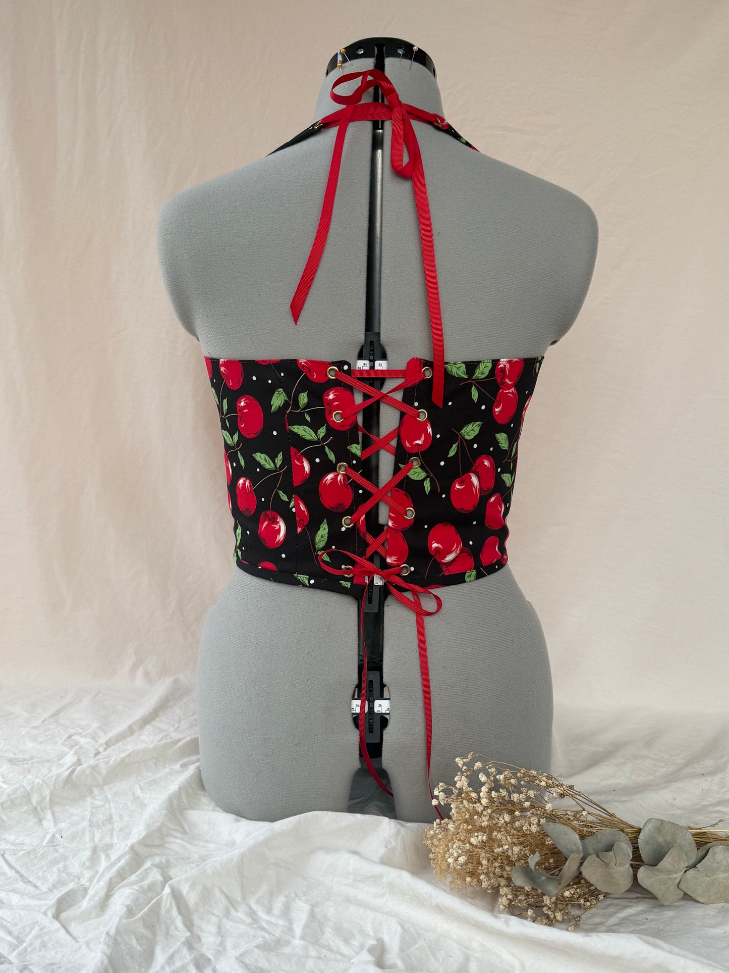 Reworked Cherry heart cropped back lacing corset - S