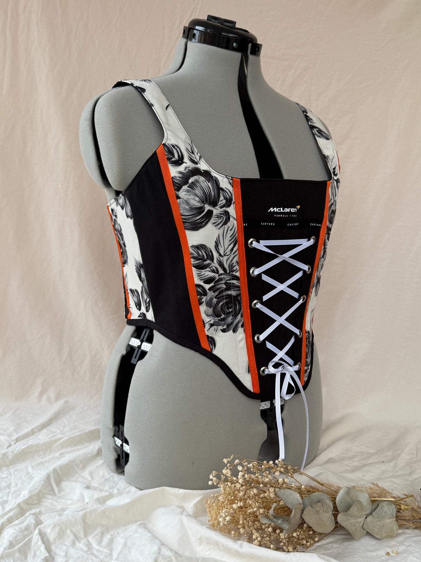 Reworked McLaren Floral Corset in Black and White with Matching Shoulder Bag - M/L