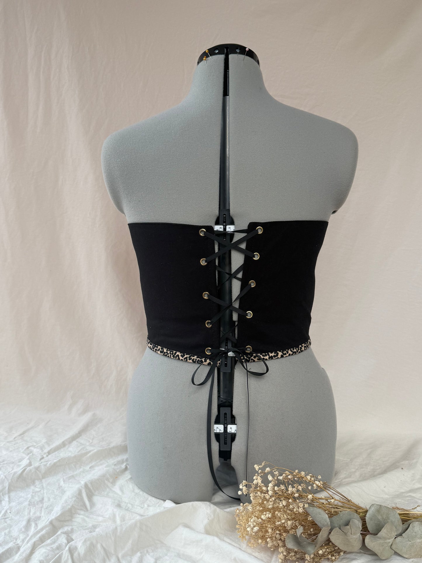 Reworked Black and leopard print hearts cropped back lacing corset -S-M
