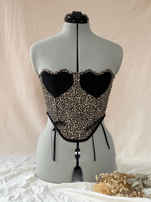 Reworked leopard print heart cropped back lacing corset - XS-S