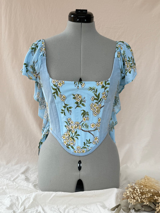 Reworked Blue floral and denim cropped open back lacing corset - XXS-XS