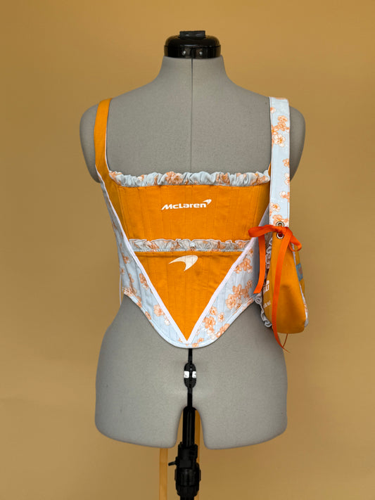 Reworked McLaren Floral Corset in Blue and Orange with Matching Shoulder Bag - S