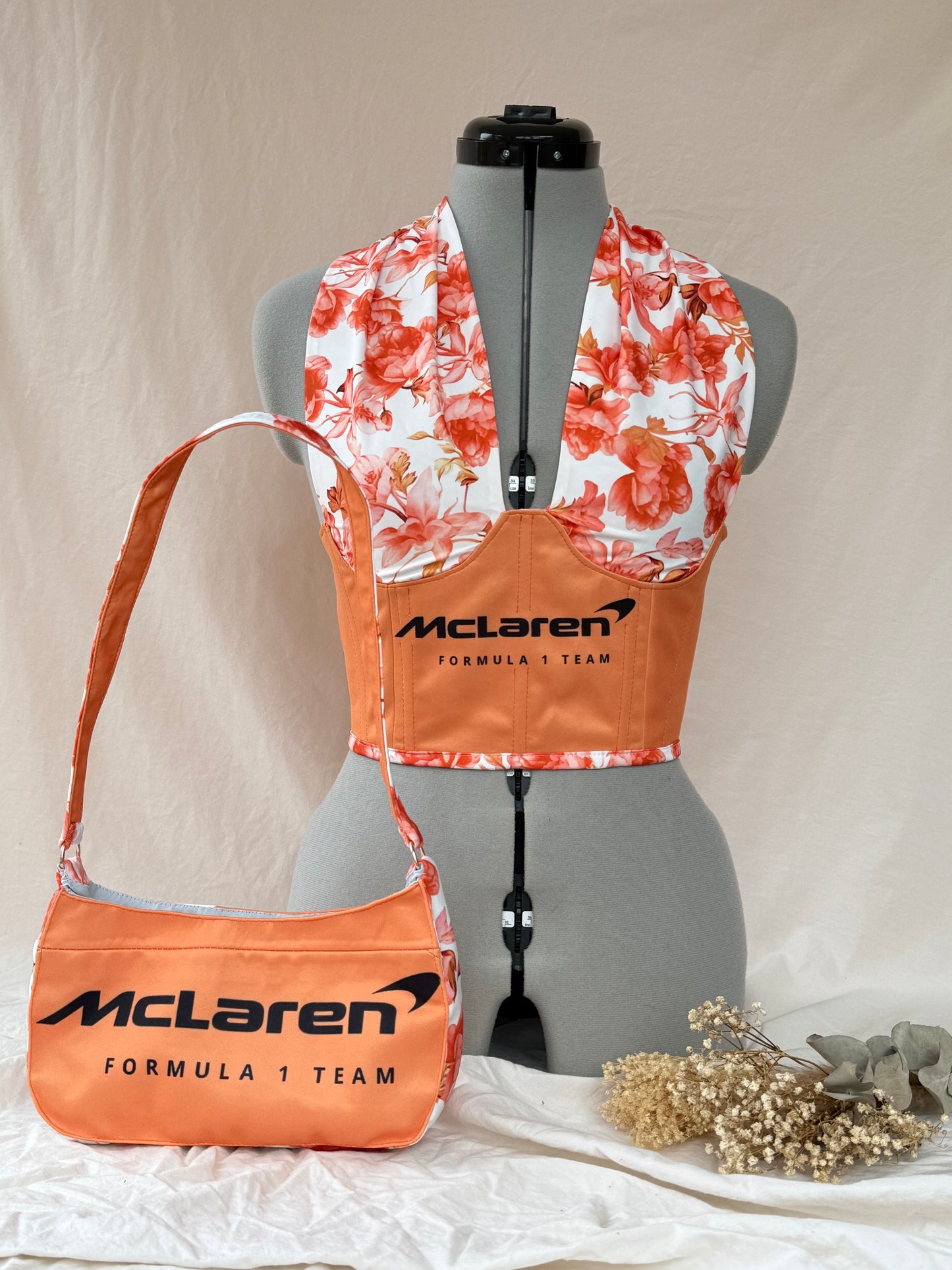 Reworked McLaren floral cropped corset with halter neck and matching bag - XS-S