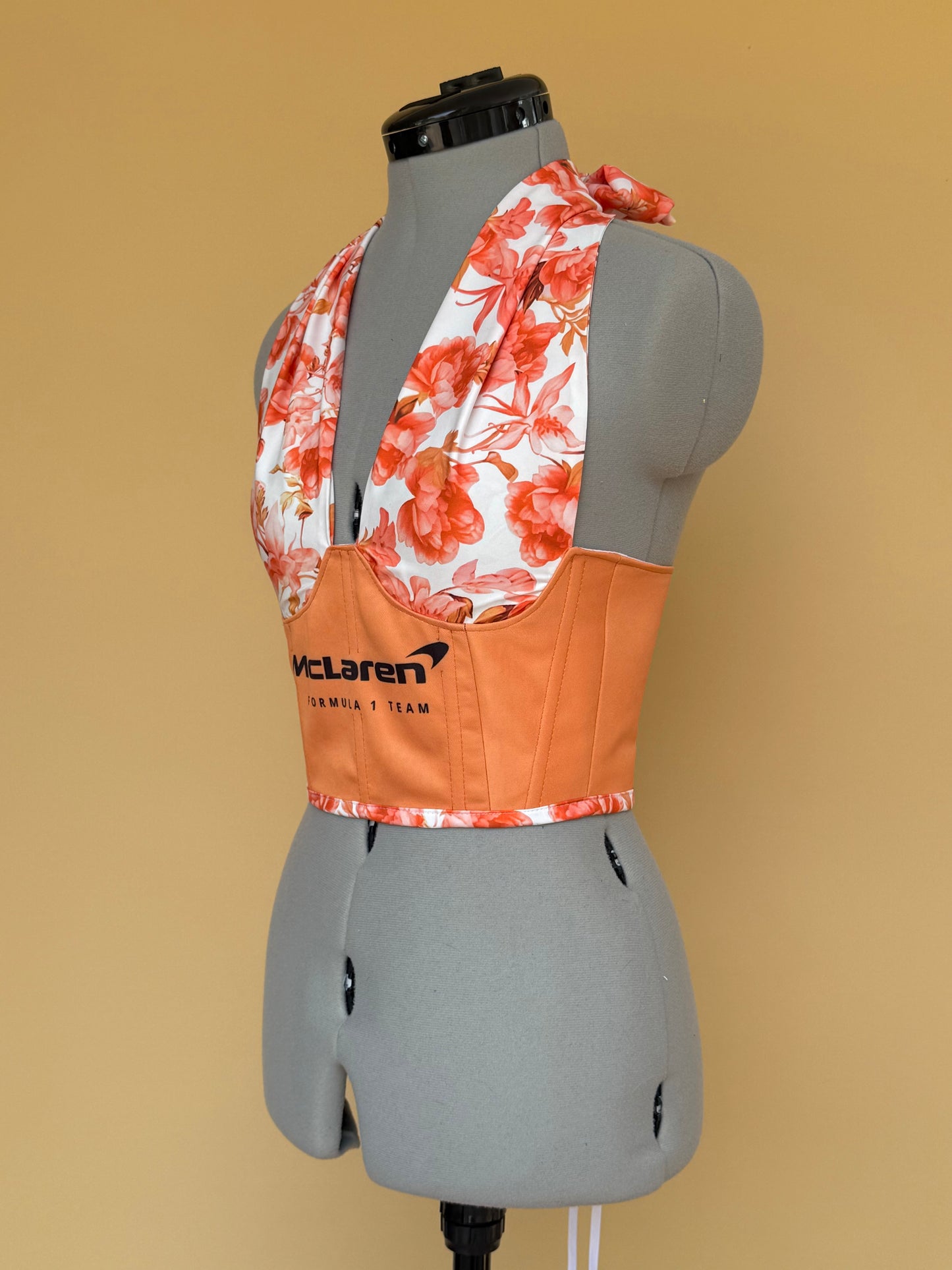 Reworked McLaren floral cropped corset with halter neck and matching bag - XS-S