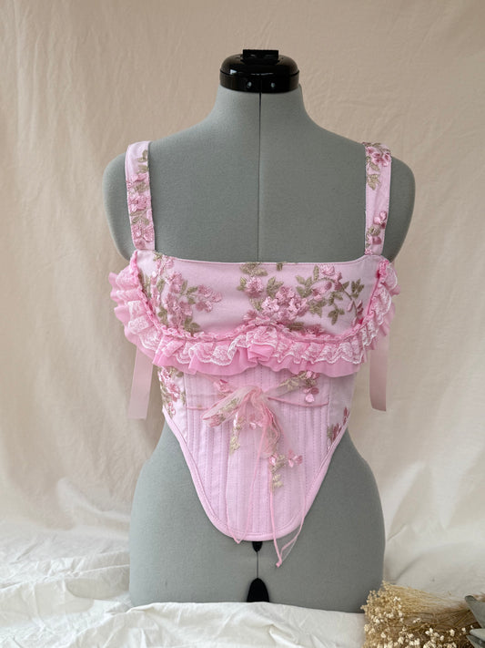 Reworked Delicate pink lace corset with frill - XS
