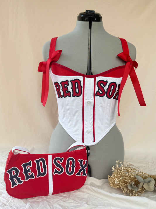 Reworked Boston Red Sox cropped back lacing corset with matching bag - S