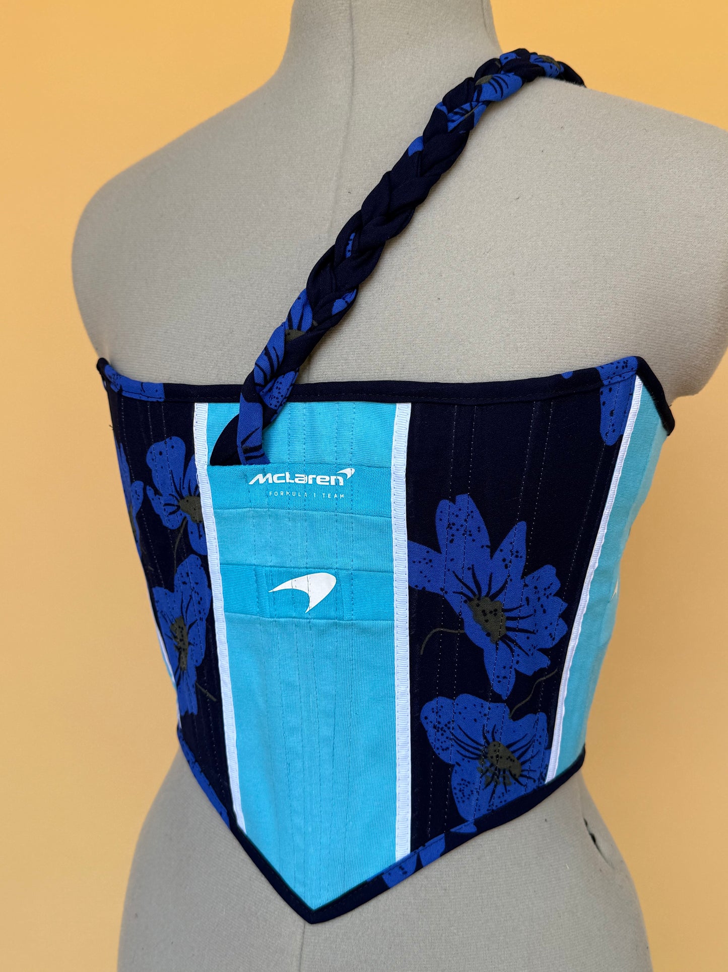 Reworked McLaren blue floral cropped back lacing corset -XS