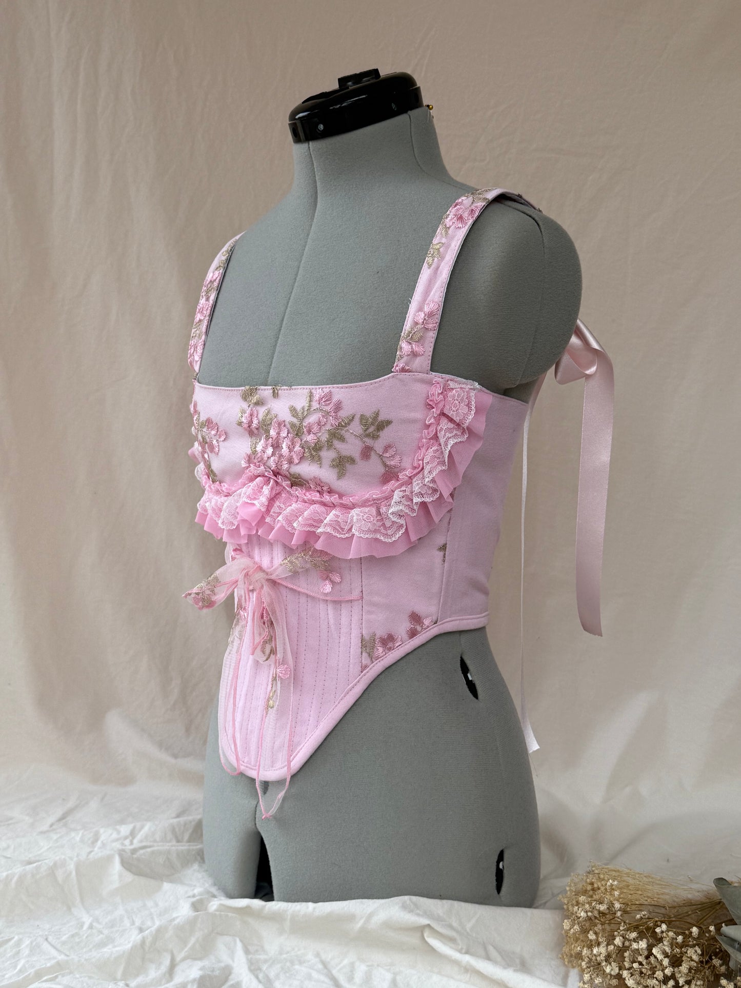 Reworked Delicate pink lace corset with frill - XS