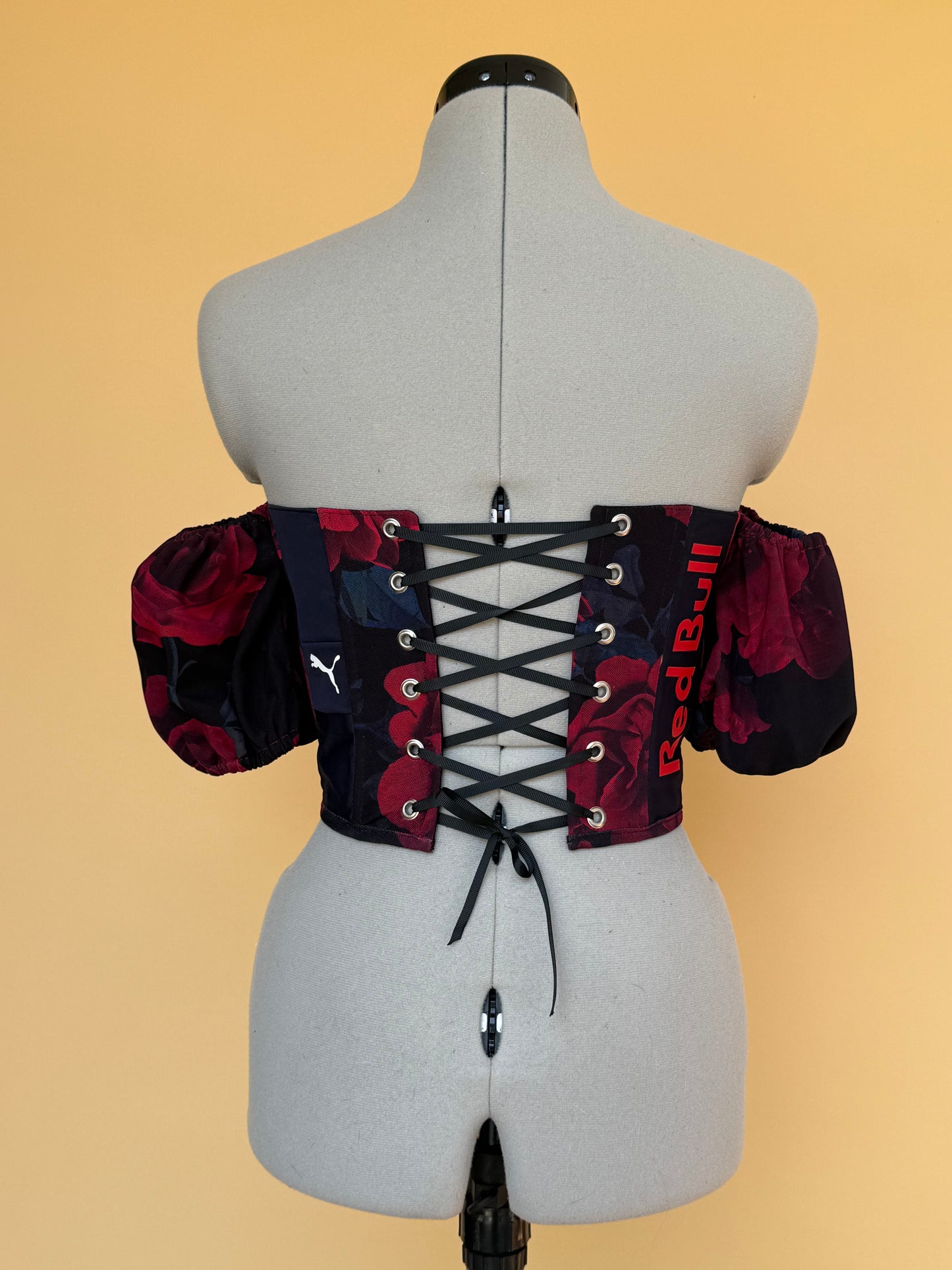 Reworked Redbull cropped back lacing corset with bag -XS