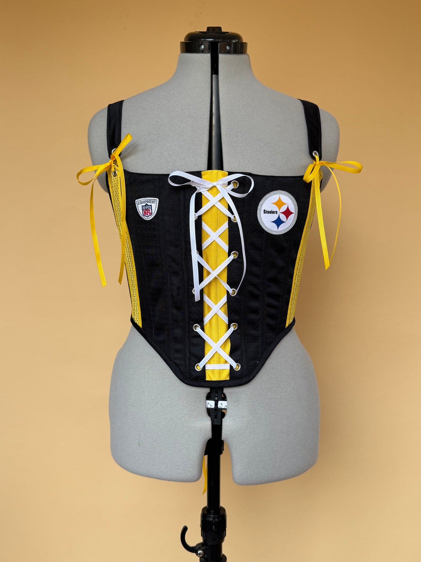 Reworked Pittsburgh Steelers cropped back lacing corset and matching Bag - S