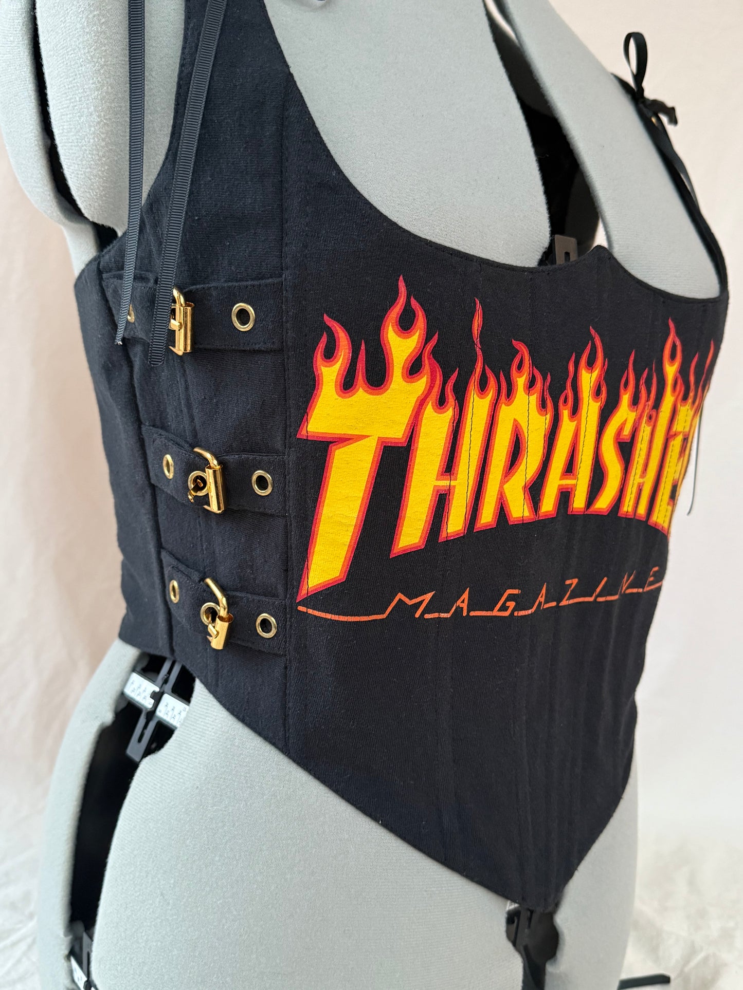 Reworked Black Thrasher cropped back lacing corset - L