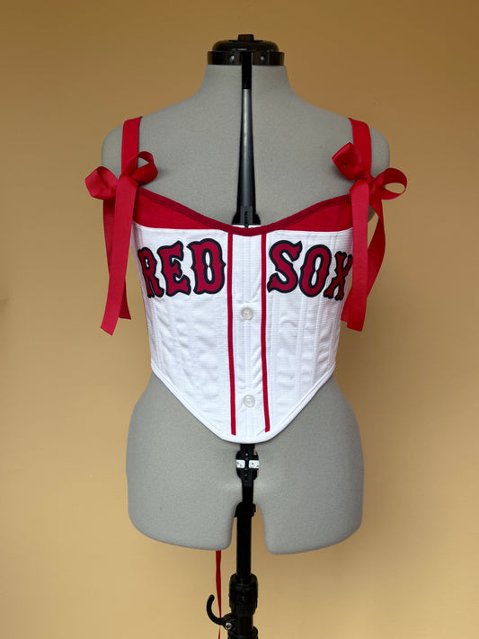 Reworked Boston Red Sox cropped back lacing corset with matching bag - S