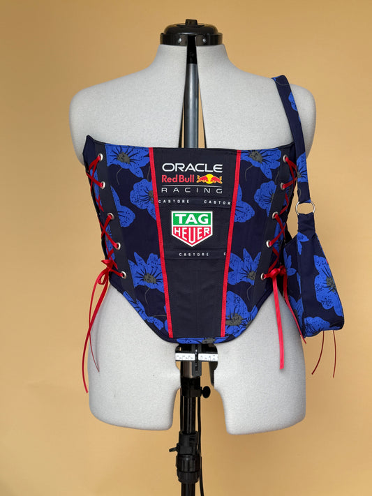 Reworked Redbull floral cropped back lacing corset with matching bag - M/L