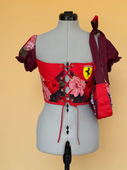 Reworked Ferrari floral front lacing corset with bag - XS