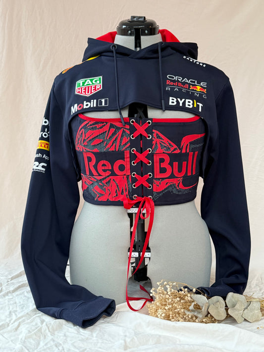 Reworked Red Bull cropped back and front lacing corset set - M