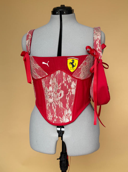 Reworked Ferrari Gold lace cropped back lacing corset with matching bag - S/M