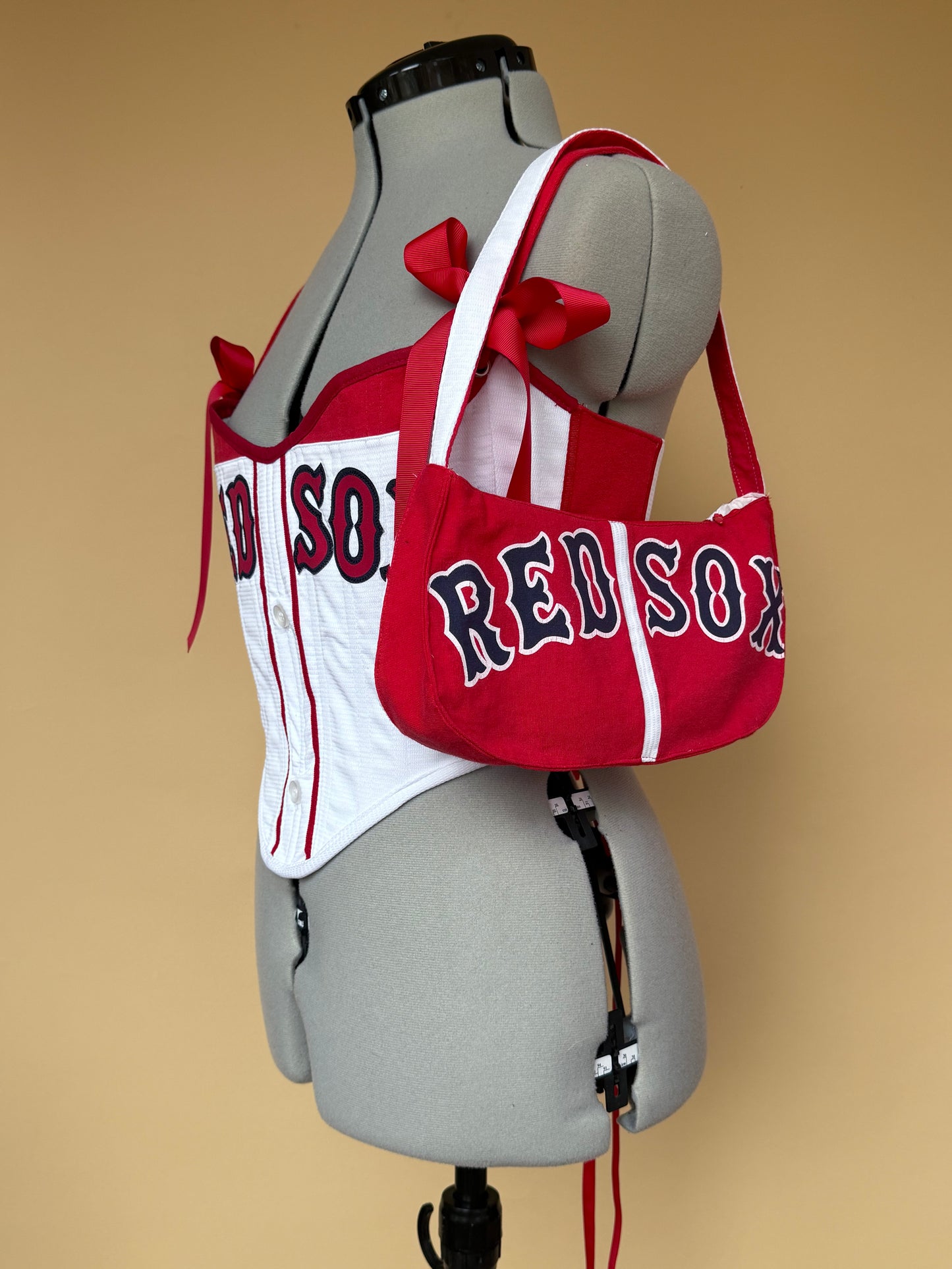 Reworked Boston Red Sox cropped back lacing corset with matching bag - S