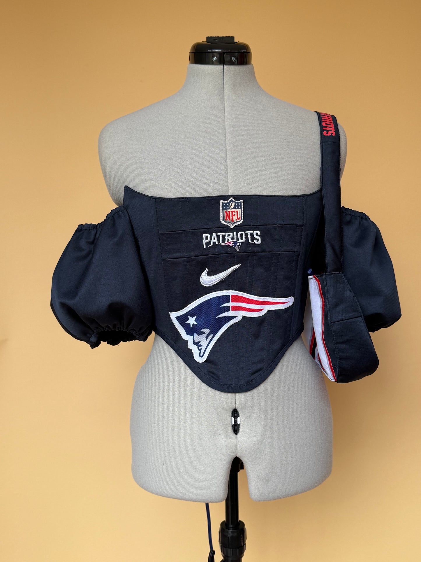 Reworked New England Patriots cropped back lacing corset and matching bag - XS/S