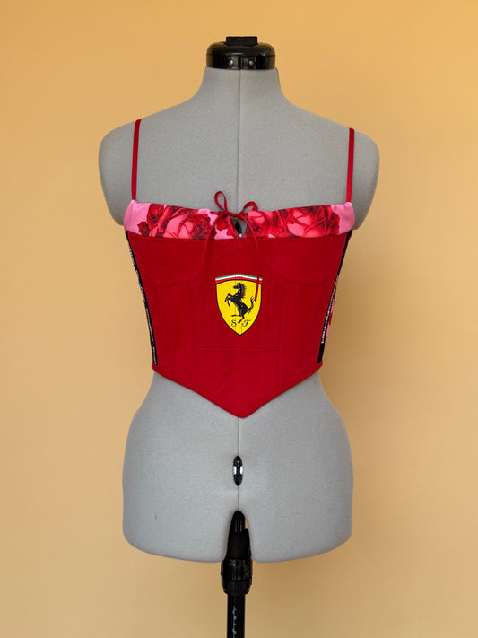 Reworked Ferrari floral ruched back lacing corset - XS