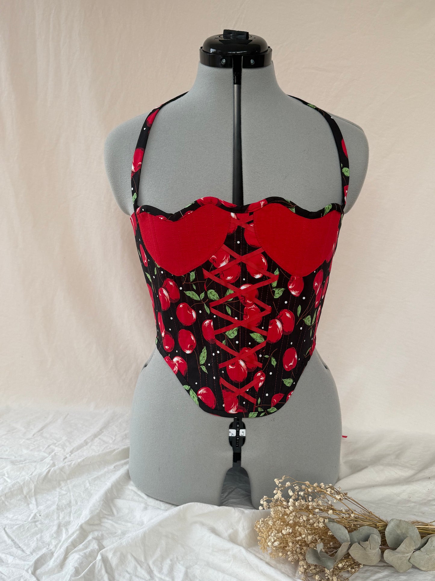 Reworked Cherry heart cropped back lacing corset - S