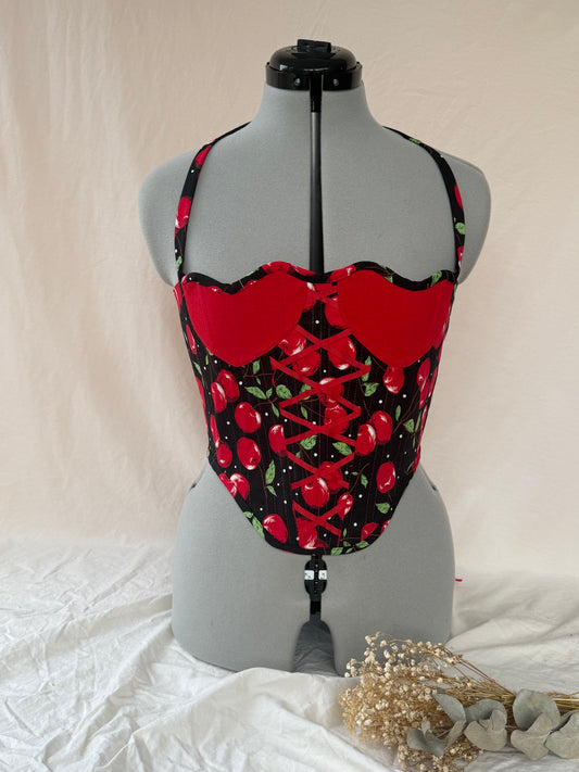 Reworked Cherry heart cropped back lacing corset - S